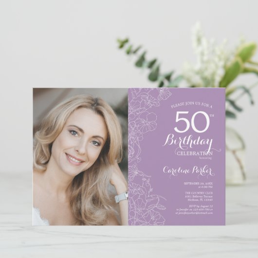 Elegante Lichte Paarse Bloemen Foto 50ste Verjaard Kaart (Staand voorkant)