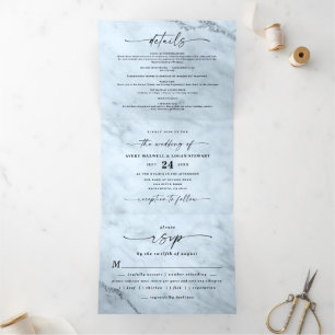 Elegante lichte stoffige blauwe metallic marmeren drieluik uitnodiging