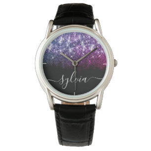Elegante Lichtgevende Donker Paarse Glitter Aangep Horloge