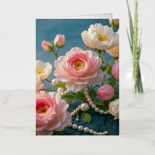 Elegante lichtroze blos bloemen met parels  folie wenskaart