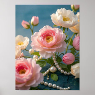 Elegante lichtroze blush bloemen met parels poster