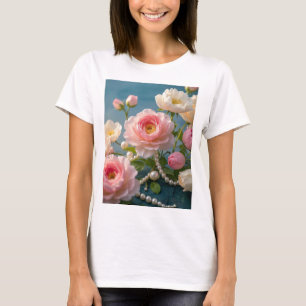 Elegante lichtroze blush bloemen met parels t-shirt