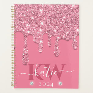 Elegante lichtroze druipende glitter monogram planner
