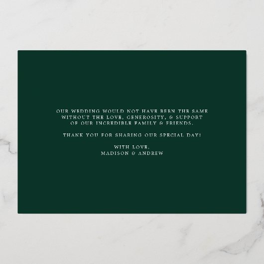 Elegante Liefde en Bedankt Groene Foto Bruiloft Folie Uitnodiging (Achterkant)