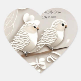 Elegante liefde vogels taupe & witte bruiloft stic hart sticker