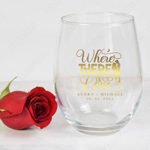 Elegante liefdescitaat gouden kalligrafie bruiloft wijnglas zonder voet
