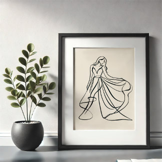 Elegante lijnkunst van een vloeiende trouwjurk poster