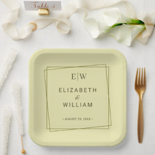 Elegante lijst op hemelsgele monogram bruiloft papieren bordje