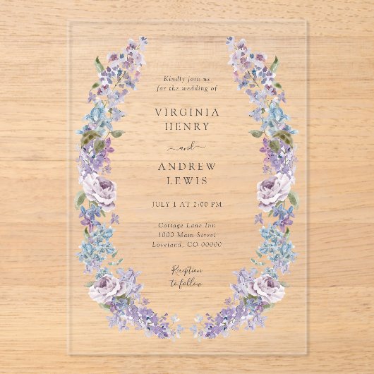 Elegante Lila bruiloft Acryl Uitnodigingen (Voorkant)