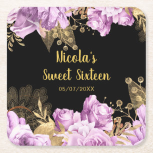Elegante lila en gouden bloemen Sweet Sixteen Vierkante Kartonnen Onderzetter