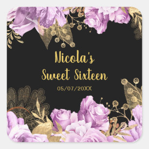 Elegante lila en gouden bloemen Sweet Sixteen Vierkante Sticker