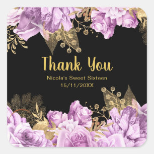 Elegante lila en gouden bloemen Sweet Sixteen Vierkante Sticker