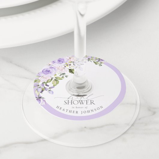 Elegante Lila Lavendel Bloemachtige Bruidsdouche Wijnglaslabel (Dichtbij)