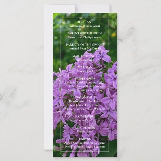 Elegante Lila lavendel bloemenbruiloftsprogramma (Achterkant)