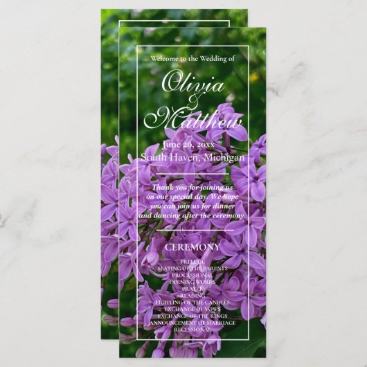 Elegante Lila lavendel bloemenbruiloftsprogramma (Voorkant / Achterkant)