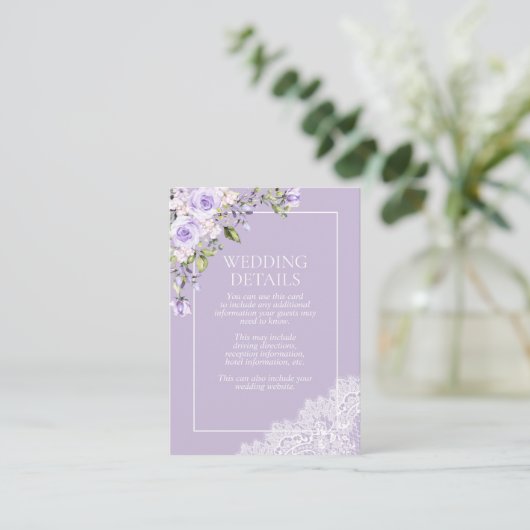 Elegante Lila Lavendel Rustieke Kant Trouwdetails Informatiekaartje (Staand voorkant)