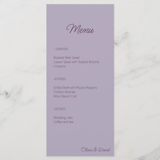 Elegante lila minimalistische bruiloft menu (Voorkant)
