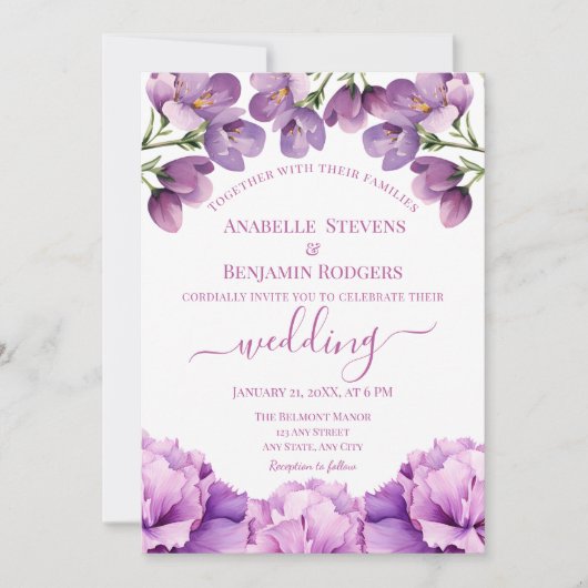 Elegante Lila Paarse Bloemen met QR-code Bruiloft Kaart (Voorkant)