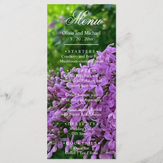 Elegante Lila paarse lavendel bloemenbruiloft Menu (Voorkant)