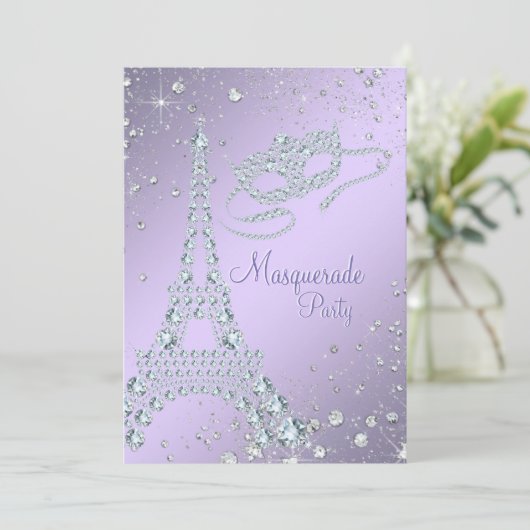 Elegante Lila Paarse Parijse Masquerade Party Kaart (Staand voorkant)