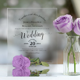 Elegante Lila Paarse Roos Lacy Calligrafie Wedding Acryl Uitnodigingen