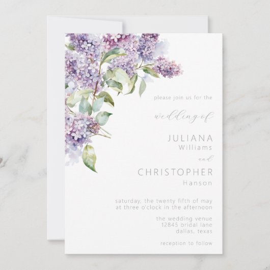 Elegante Lila Sage Waterverf Bloemenbruiloft Kaart (Voorkant)