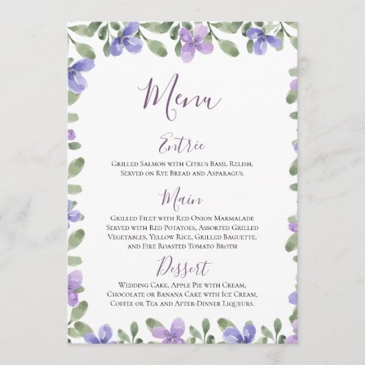 Elegante Lila stoffige blauwe bloemenbruiloft rece Menu (Voorkant)