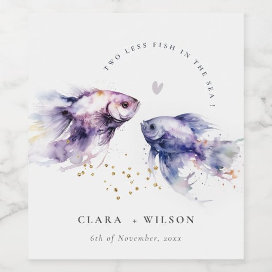 Elegante Lila Waterverf Kustvisbruiloft Wijn Etiket (Enkel label)