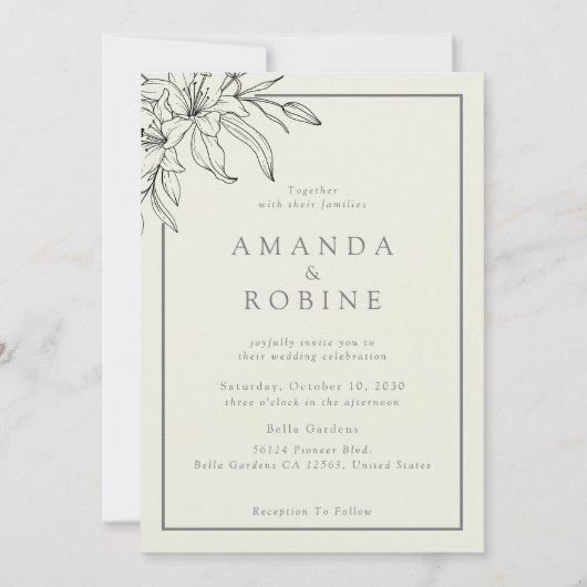 Elegante Lily Line Art bruiloft uitnodiging (Achterkant)