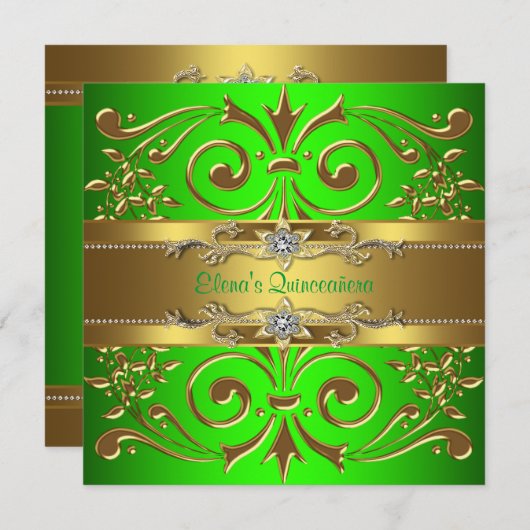 Elegante Lime Green en Gold Quinceanera uitnodigin Kaart (Voorkant / Achterkant)
