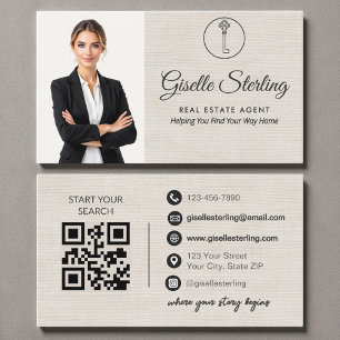 Elegante Linnen Foto Vastgoedmakelaar QR-code Visitekaartje