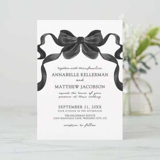 Elegante lint boog zwart en wit bruiloft kaart (Staand voorkant)