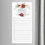Élégante liste florale à faire Bloc-notes magnétiq<br><div class="desc">Boîte à cocher et doublure design de la liste d'achat du marché avec un merlot d'aquarelle et cadre de fleur de pêche personnalisée avec votre nom.</div>
