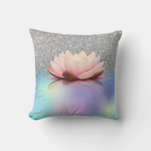 Elegante Lotus Zilveren Glitter Bokeh Holografisch Kussen
