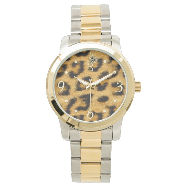 Elegante luipaard bont met gouden wijzerplaat - Ho Horloge (Voorkant)