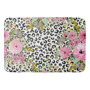 Elegante luipaarddruk en bloemenontwerp badmat