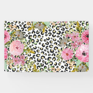 Elegante luipaarddruk en bloemenontwerp spandoek