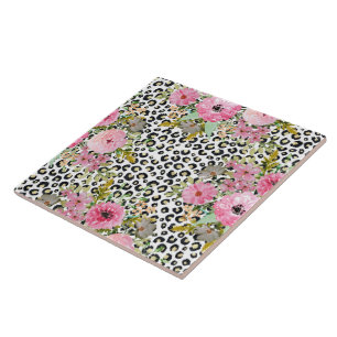 Elegante luipaarddruk en bloemenontwerp tegeltje