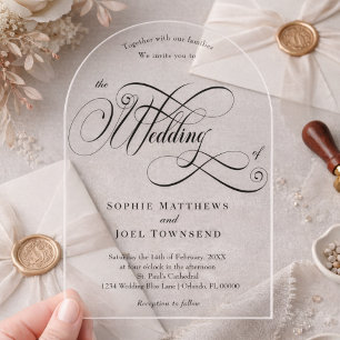 Elegante Luxe Calligrafie Boog Trouw Transparant Acryl Uitnodigingen
