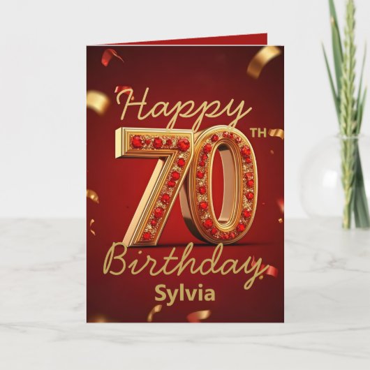 Elegante luxe goud en robijnrood 70e verjaardag kaart (Voorkant)