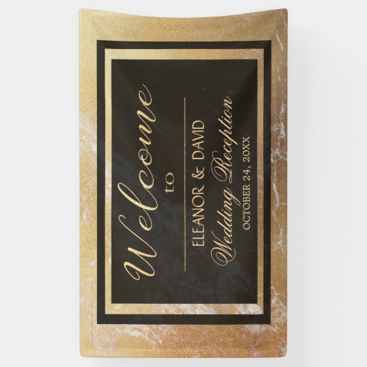 Elegante luxe goud zwart marmer bruiloft script spandoek (Verticaal)