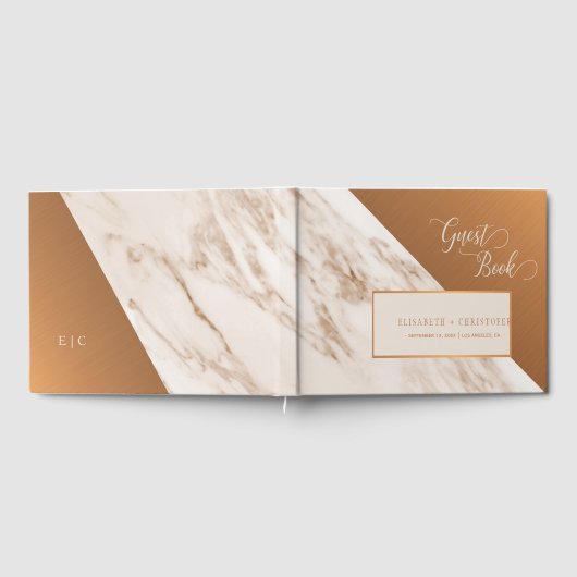 Elegante luxe marmeren koper monogram bruiloft gastenboek (Volledig)