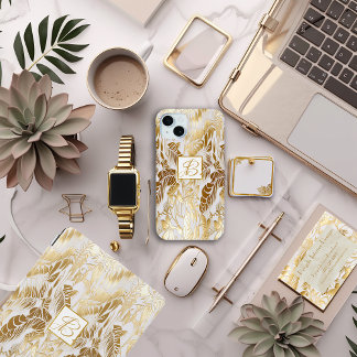 Elegante Luxe Monogrammed Goud en Ivoor Monstera iPhone 15 Mini Hoesje