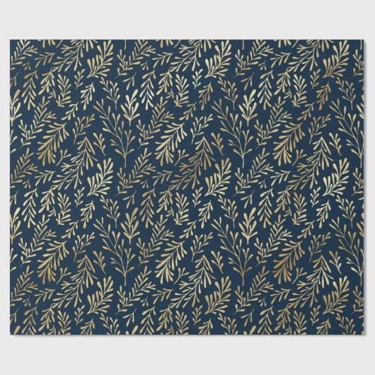 Elegante Luxe Navy Goud Blad Patroon Kerstmis Cadeaupapier (Vlak)