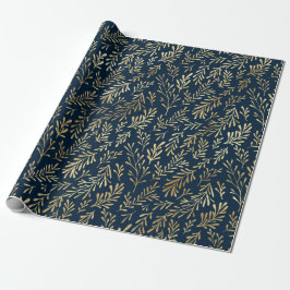 Elegante Luxe Navy Goud Blad Patroon Kerstmis Cadeaupapier
