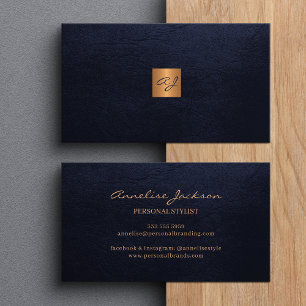 Elegante luxe navy leer koper goud monogram visitekaartje