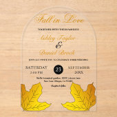 Elegante luxe zwart en goud bladeren herfst bruilo acryl uitnodigingen (Voorkant)