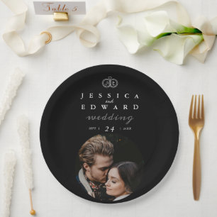 Elegante Luxe Zwarte Witte Monogram Foto Huwelijk Papieren Bordje