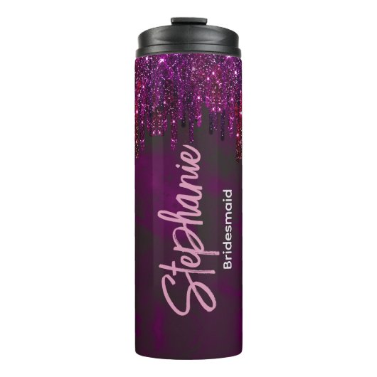 Elegante magenta glitter druipt bruidsjubileum thermosbeker (Voorkant)