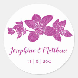 Elegante magenta orchideeën bloemenbruiloft sticke ronde sticker